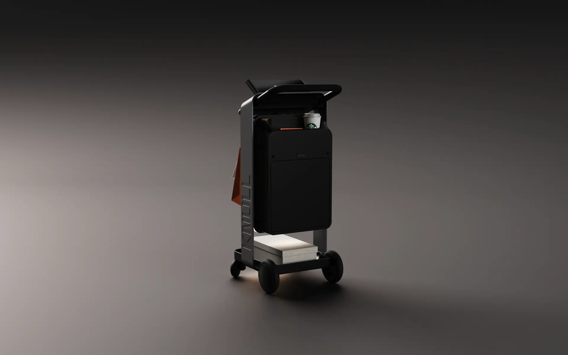 Rear three-quarter view of the Knull Trolley carrying a coffee cup and personal items