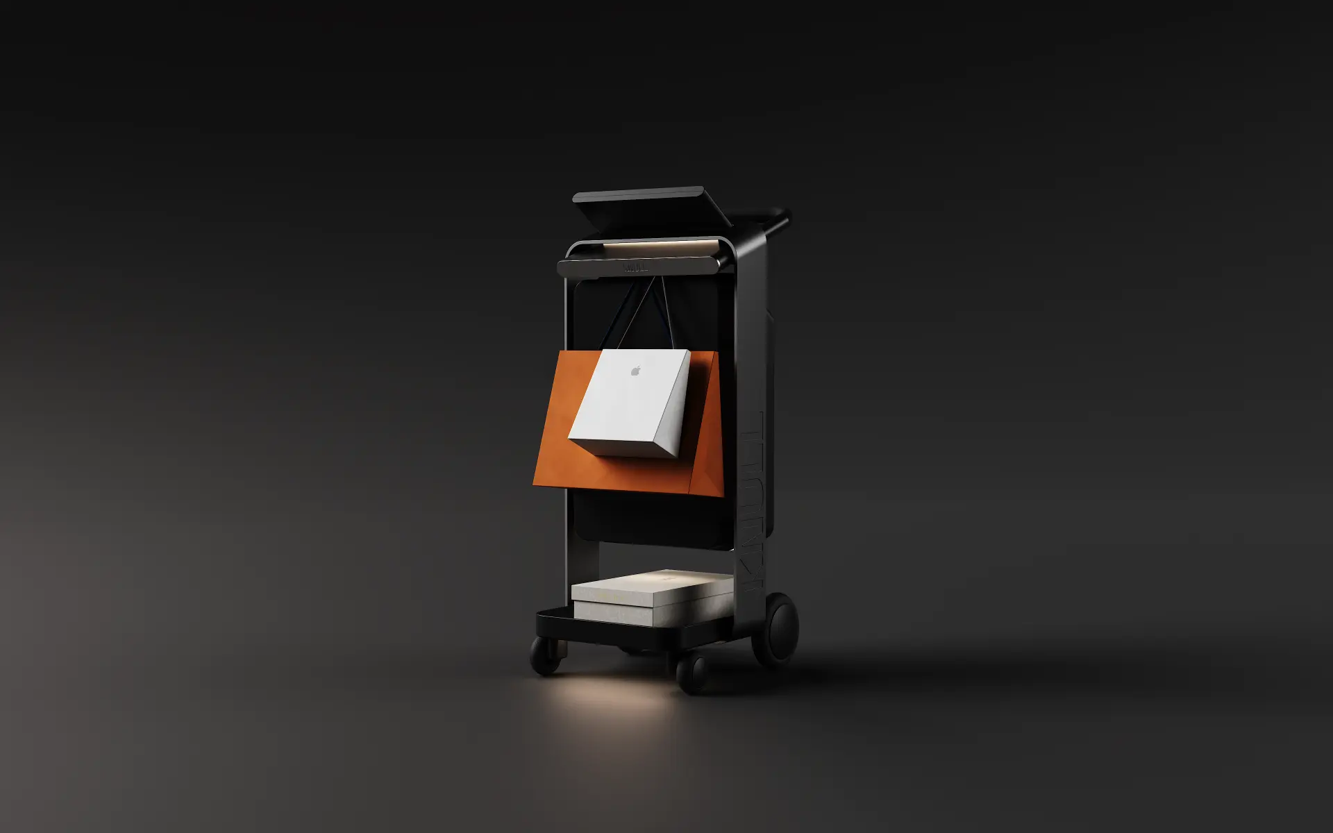 Knull Trolley in manual mode carrying a shopping bag and boxed purchases on a dark studio stage
